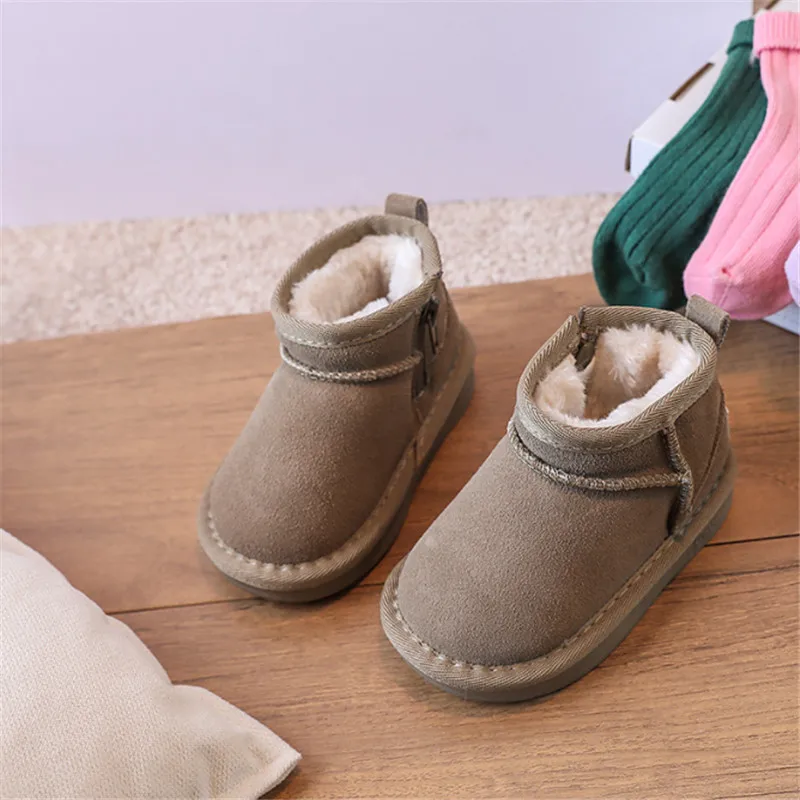 2024 New Winter Baby Snow Boots leather Warm Plush Little Boys Shoes Non-slip Fashion Toddler Girls Boots