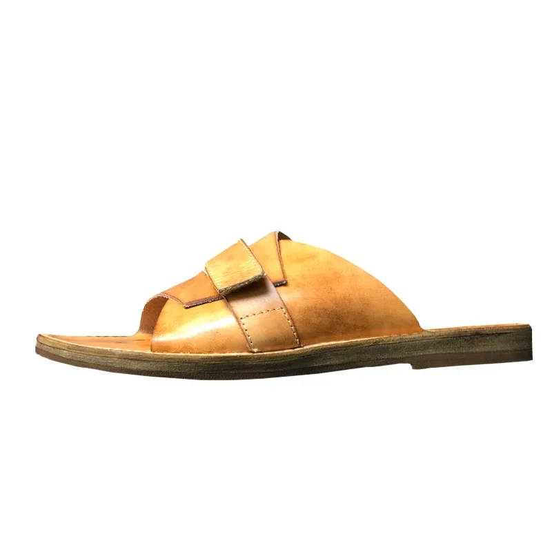 

Handmade American Vegetable Tanned Cowhide Open Toe Slippers Men's Shoes Vintage Casual Beach Shoes Male Trendy Sandals
