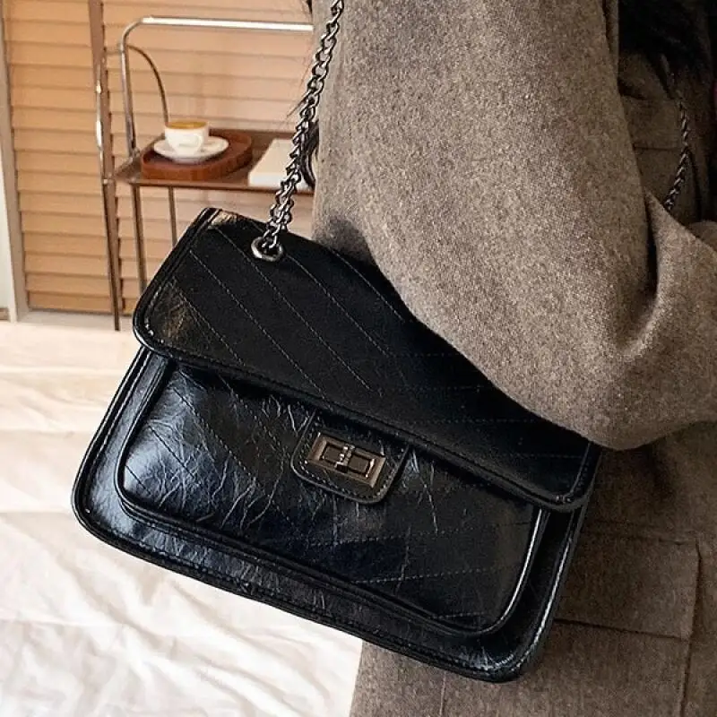 2024 Trendy Women\'s Black PU Leather Shoulder Bags Fashion Versatile Female Chain Crossbody Bags High-end Commuter Flap Handbags