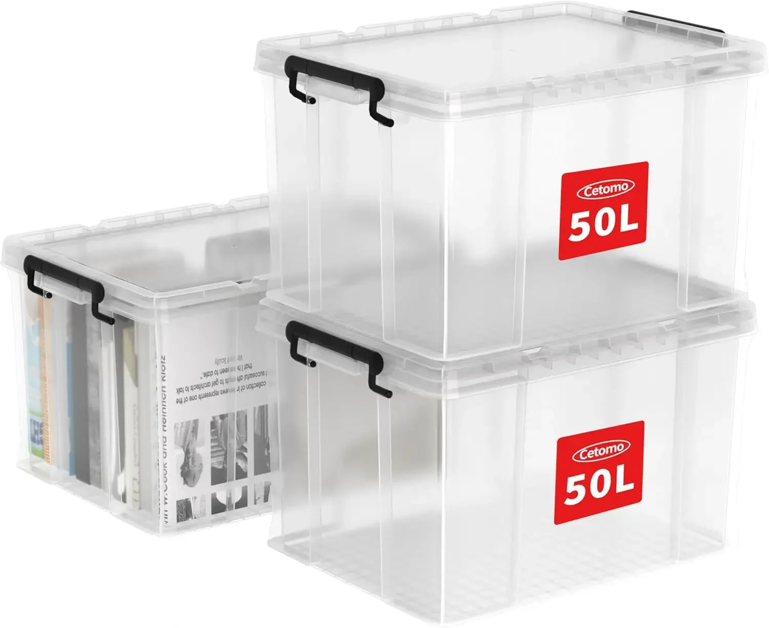 50L*3 Storage Boxes, Stackable Storage Box with Lids, Heavy-Duty Lidded Container with Reinforced , Sides and Clip Closure