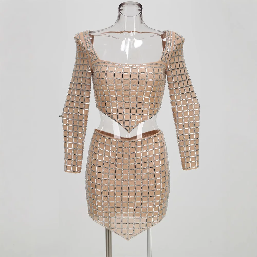 Sexy funkelnder Diamant-Ter-Rock, heißer Sommer, 2-teiliges Set, hohe Taille, A-Linie, Dr. Polyesterstoff, lang, Sve Basic Sle