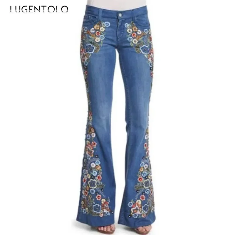 Women Casual Jeans 2025 Vintage Washed Floral Embroidery Comfortable Stretch Slim Flared Pants Fashion Commute Available 4XL