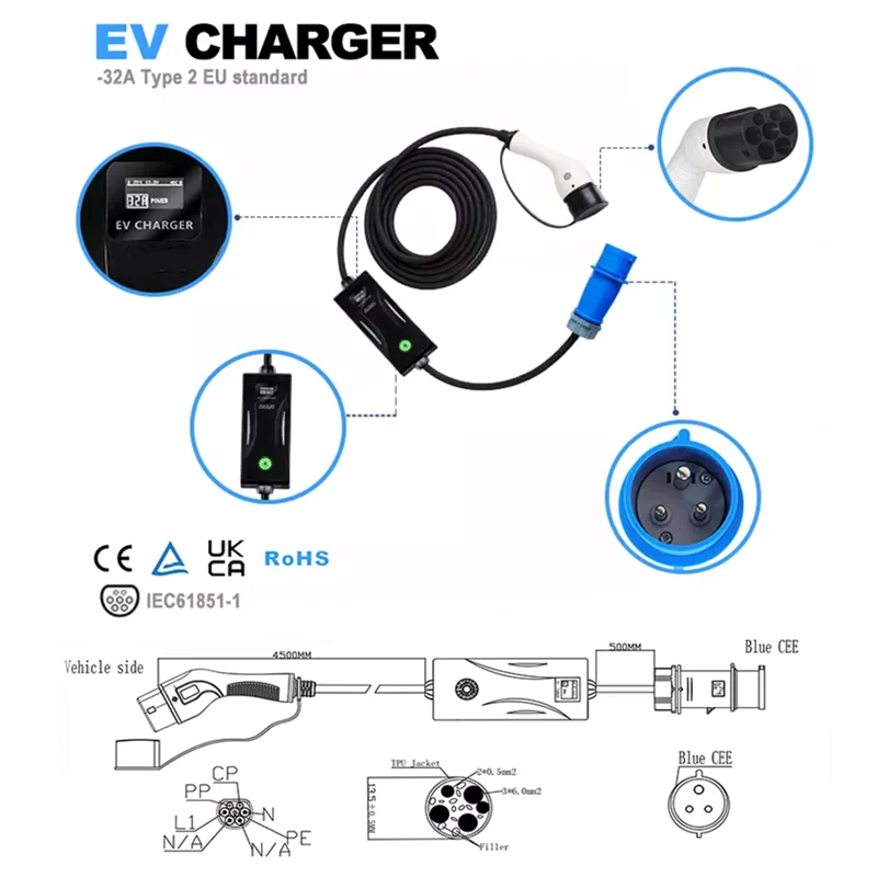 Evse portátil tipo 2 ev carregador de corrente ajustável 16a a 32a IEC62196-2 veículo elétrico carregamento wallbox azul cee plug