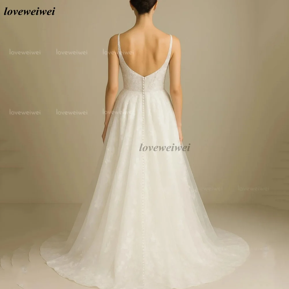 Customized V Neck Tank Wedding Dress A Line Lace Bride Dresses Elegant Floor Length Bridal Gowns Button Vestidos De Novia