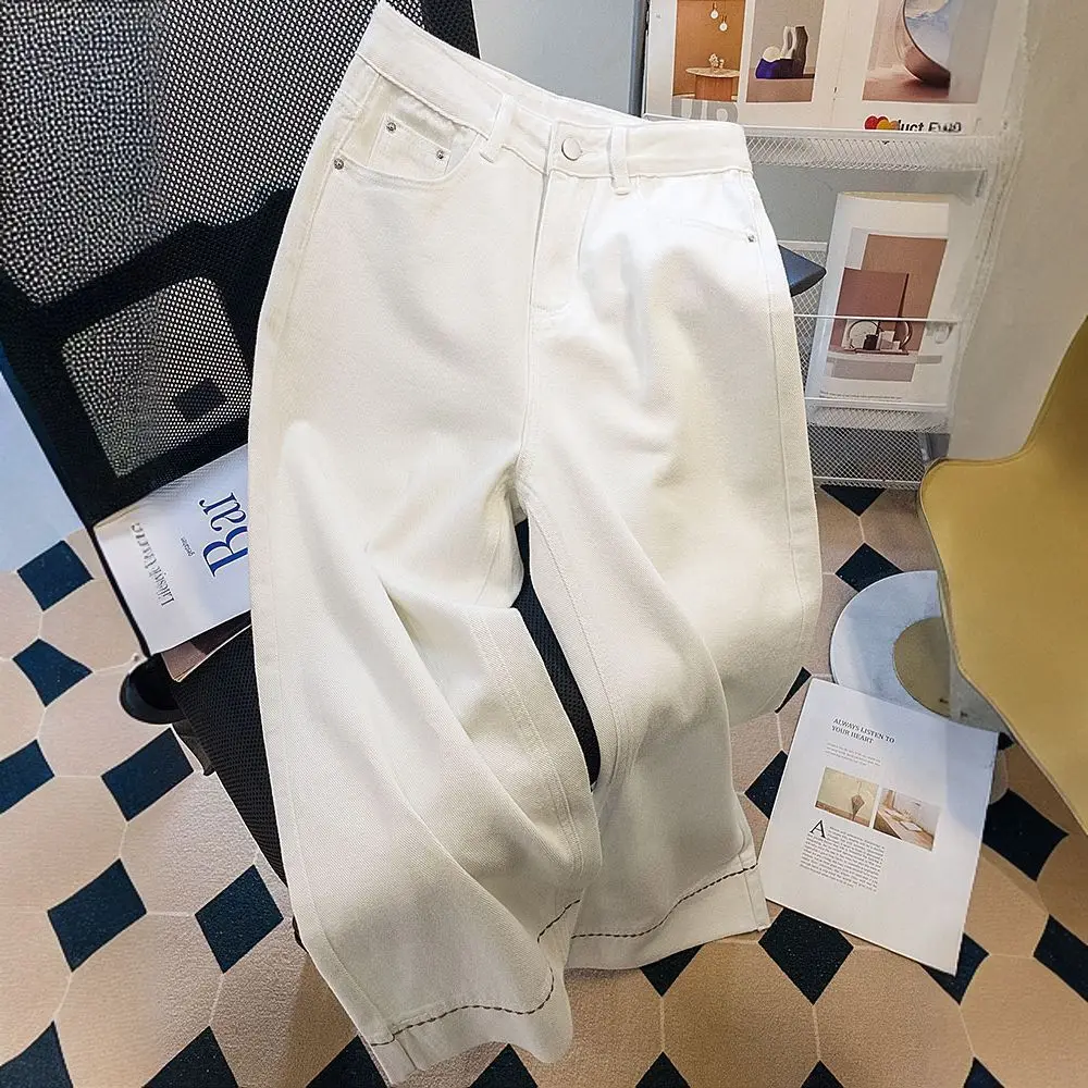 Women Denim Solid Jeans Casual Pant Button Zipper Fly Empire Waist Ankle Length Flare Pants Slight Strech Loose Y2k 2025 Spring