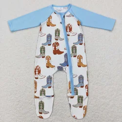 Wholesale Western Boots Kids One-piece Newborn Coverall Bodysuit Zipper Long Sleeves Jumpsuit Toddler Baby Boy Footie Romper