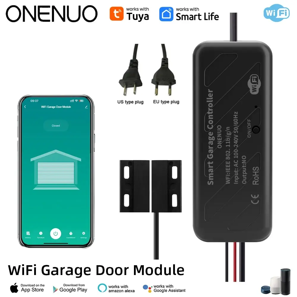 ONENUO Tuya WiFi Smart Garage Door Opener Controller Motorized Door Opener Wireless Remote Works With Voice Control Alexa Google