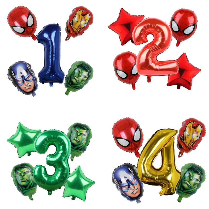 5pc Disney Spiderman Hulk Iron Man Foil Balloon Gold Number Party Inflatable Head Balloon Birthday Decoration Kids Toys Globos