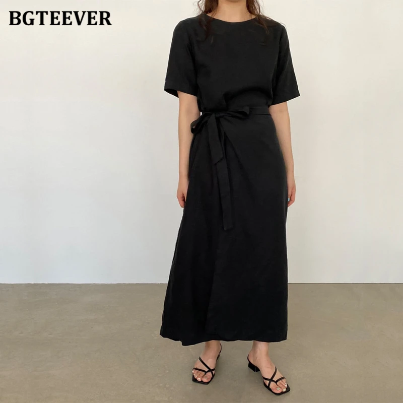 BGTEEVER Casual O-neck Lace-up Female Cotton Linen Dress Summer Short Sleeve Loose Women Dress Ladies Vestidos