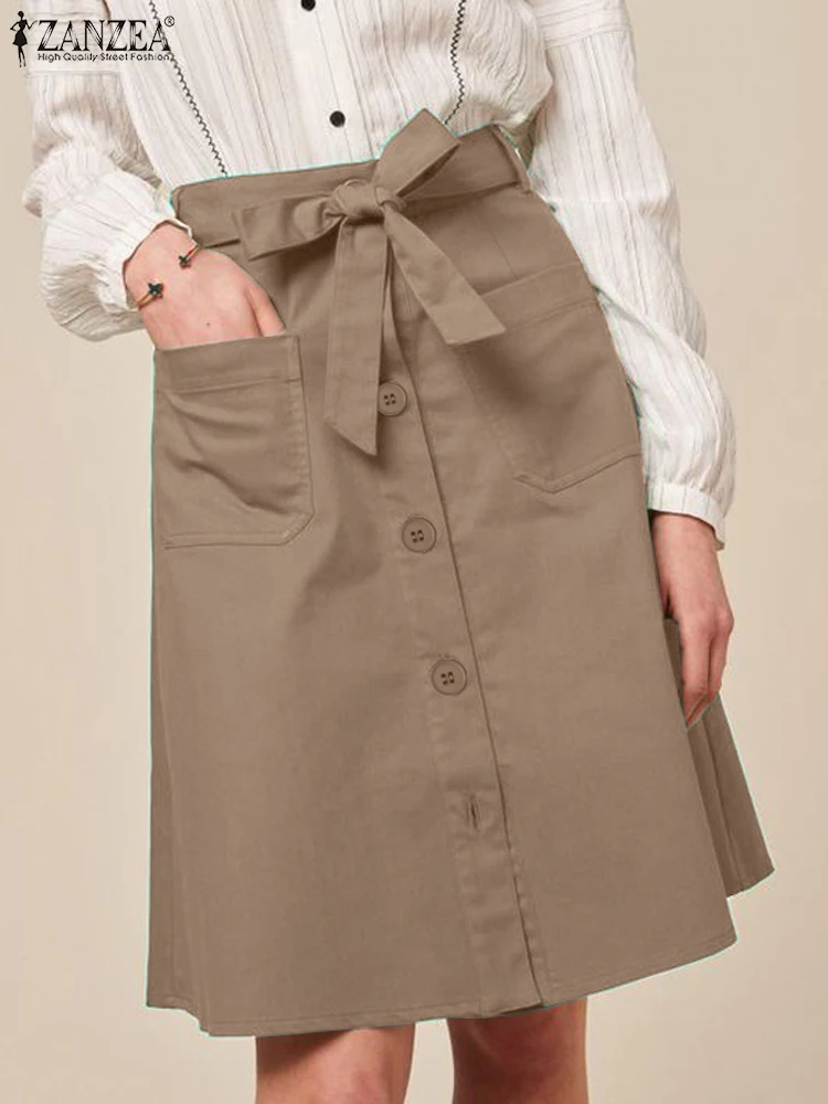 

ZANZEA Office Lady High Waist A-line Skirt Commute Fashion Button Up Elegant Knee-length Skirts Women Solid Belted Faldas Jupes