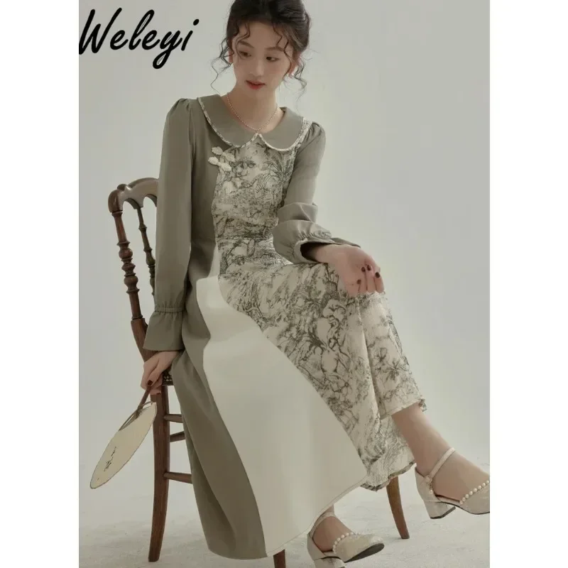 

Chinese Style Elegant Woman Long Sleeve Dress 2024 Spring New Vintage Splicing Lapel Doll Collar Long Sleeve Dresses Feminino