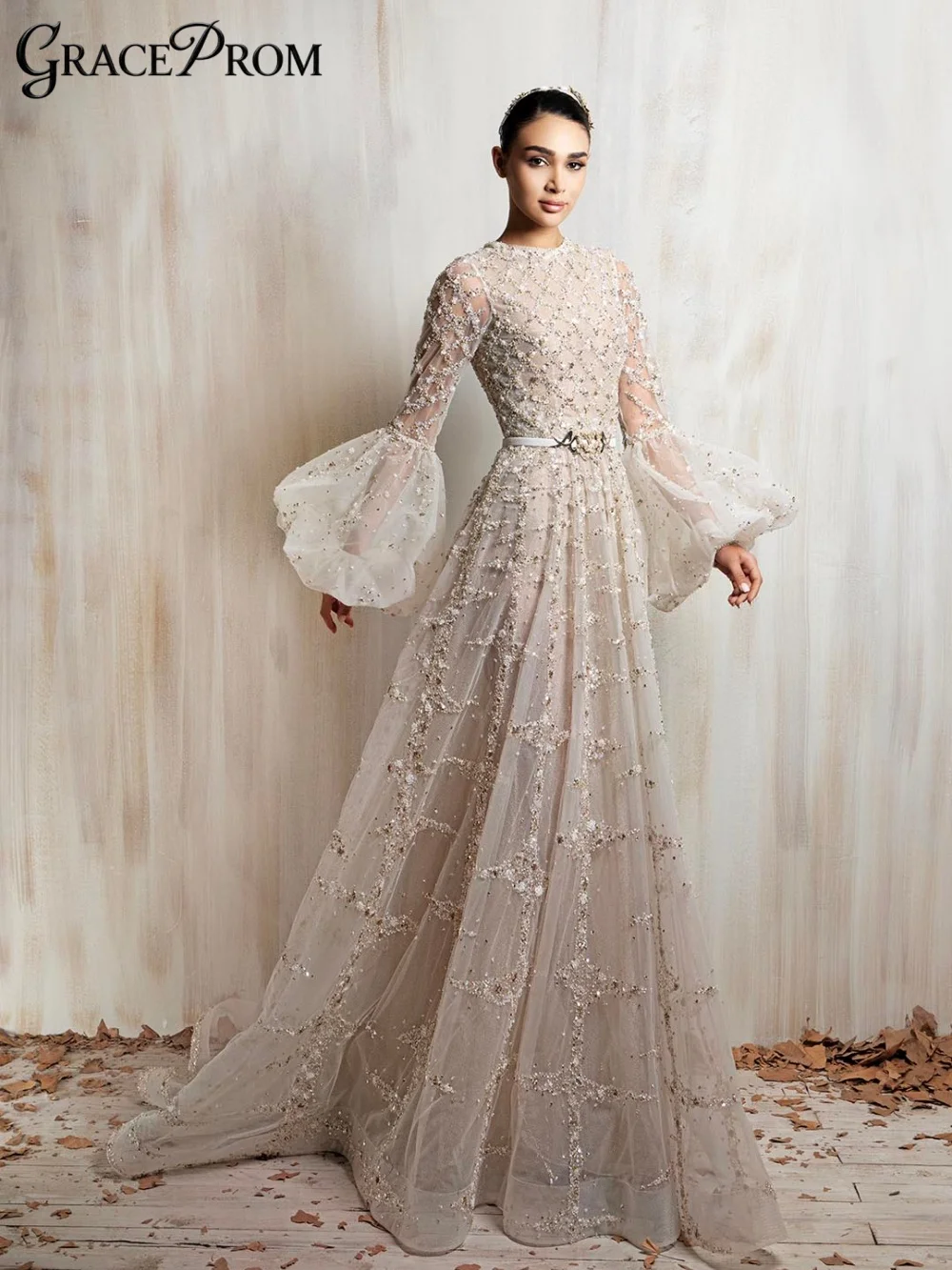 

Luxury High Neck Puff Sleeve Tulle Evening Dress Exquisite Beading Sequins Party Dress Grid Pattern A Line Formal Gown For Prom