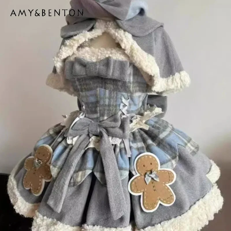 

2024 New Japanese Autumn and Winter Cute and Sweet Lolita Plush Wool Lamb Contrasting Tutu Skirt with Cape Coat Suit For Women