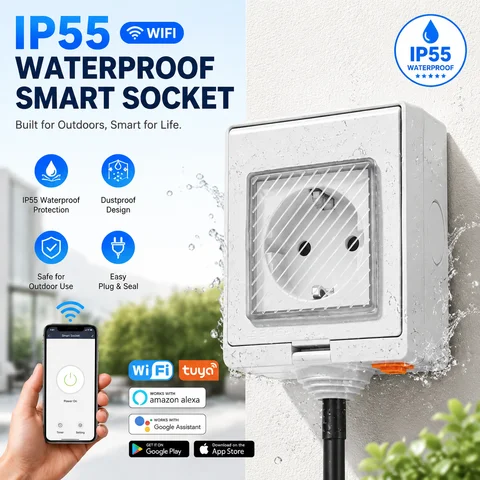 TUYA WiFi Smart Socket IP55 Waterproof Outdoor Power Plug with Timer Wall Socket for Garden Garage, Alexa, Google Home Control