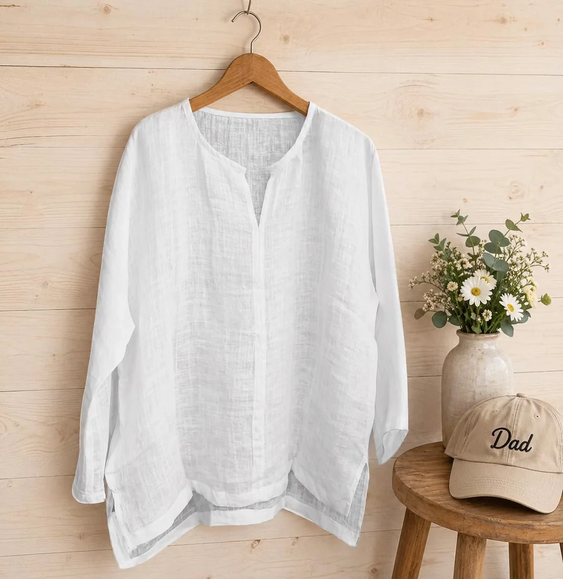 Men V‑Neck Long Sleeve Casual Shirt Loose Fit Split Hem Lightweight Solid Color Daily Office Wear Men Tops