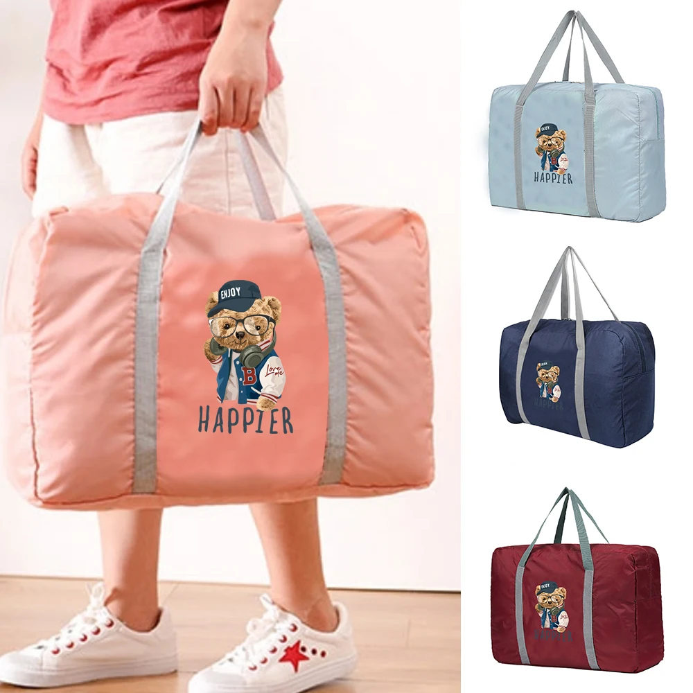 Organizador de bolsas de viaje plegable Unisex, bolsa de almacenamiento de ropa con patrón de oso, bolso de mano