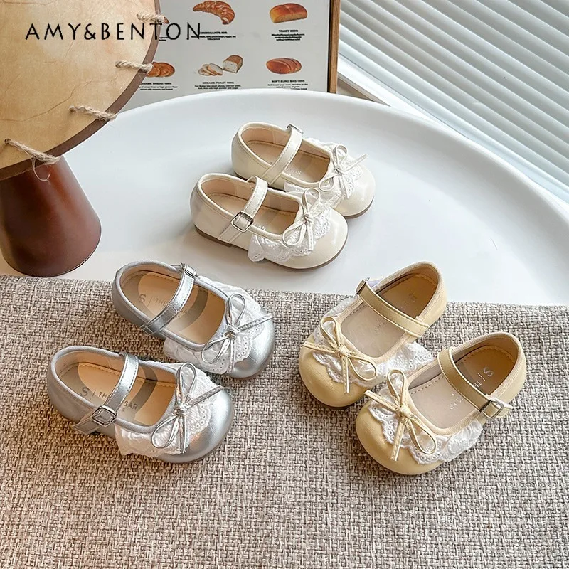 

2026 New Sweet Lace Bow Kids Mary Jane Shoes Korean Fashion Single Buckle Strap Non-slip Sole Girls Autumn Princess Dress Shoes