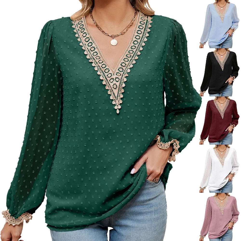 

Autumn and Winter Casual Women's Gold Lace V-neck Stitching Lace Long Sleeve Blouse Women