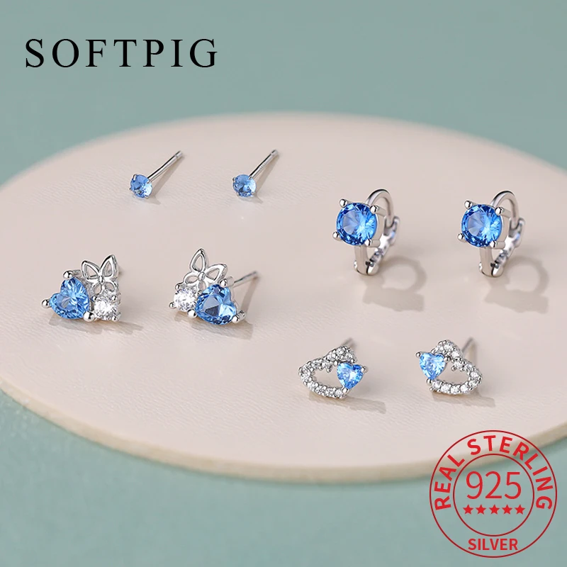 SOFTPIG Real 925 Sterling Silver Zircon Butterfly Heart Mini Stud Earrings for Women Cute Fine Jewelry Ear Hole Care Accessories