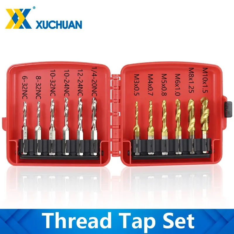 Spiral Flute Tap Drill Bit Grupo Linha Composta Parafuso Métrico e nc Revestido de Titânio Ferramentas Manuais Hss 12 Pcs