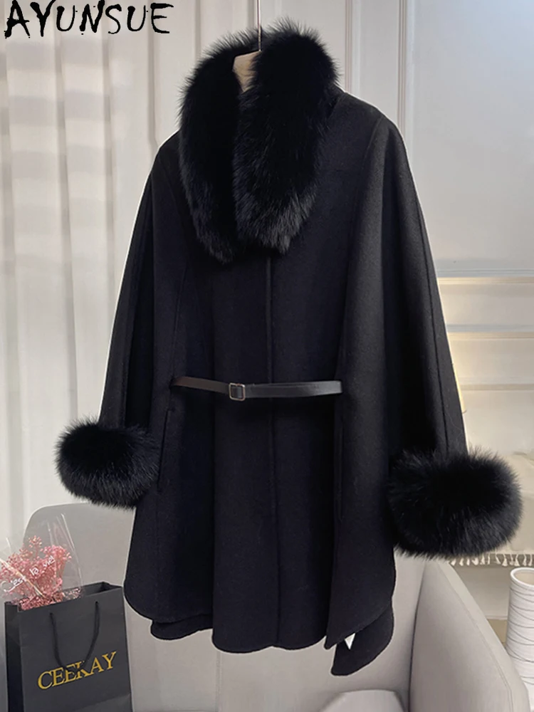 AYUNSUE Natural Cashmere Coat for Woman Fox Fur Double Sided Cashmere Coat Woman Clothes Loose Cloak Woolen Coat Autumn Winter
