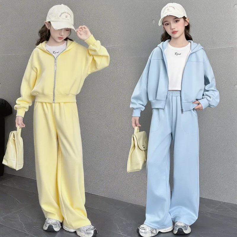Girls Plain Crop Hooded Zip Sweatshirt Jacket+Sweatpant Workout Set School Kid 2PCS Tracksuit Children Outfit Jogger Suit