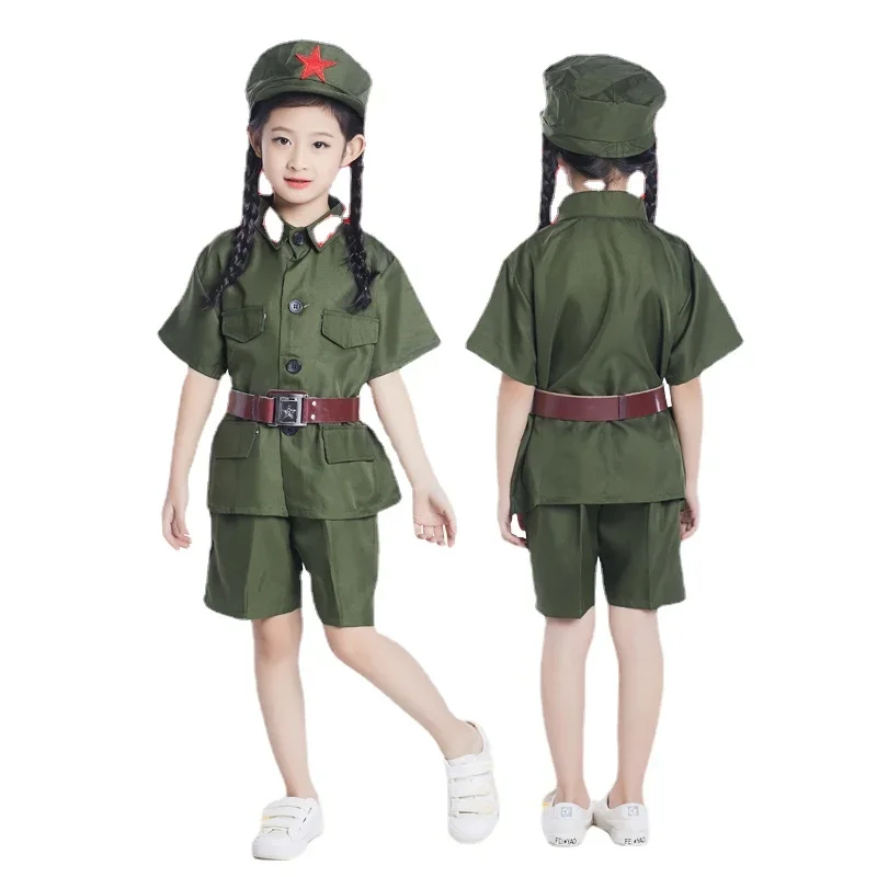 Nieuwe Ontwerp Chinese Rode Leger Kleding Voor Kind Cosplay Militaire Uniform Meisjes Jongens Rode Leger Pak Prestaties Stadium Kostuum