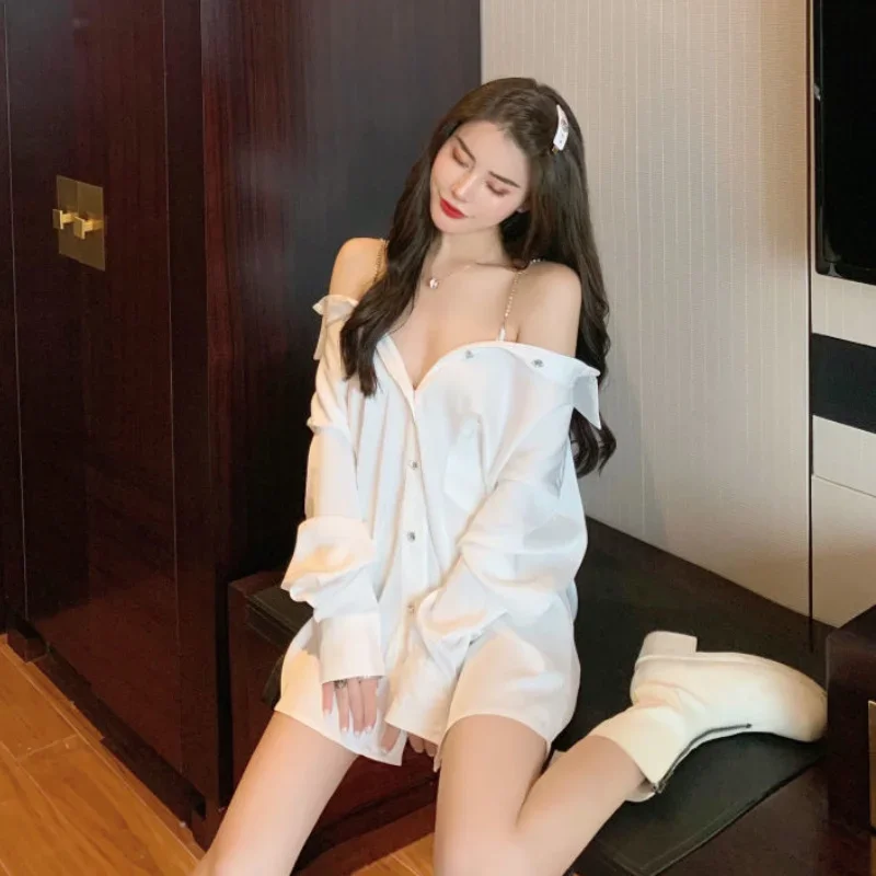 Shirts Women Design Elegant Solid Chain Slash Neck Trendy Leisure Sexy Long Sleeve Spring All-match Females Daily Ulzzang New