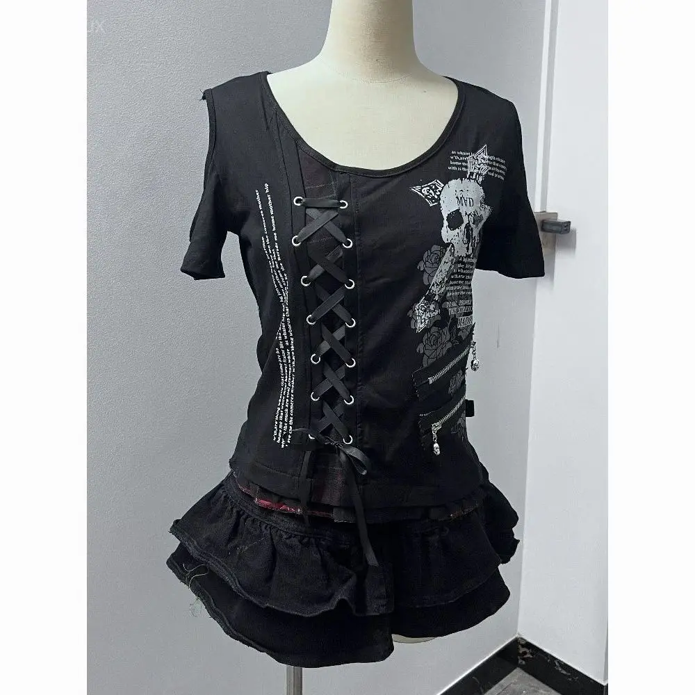 Streetwear Skull Printing Punk Off Shoulder Tees Summer Vintage Harajuku Bandage Tops Fairy Grunge Women T-shirts Y2k Aesthetic
