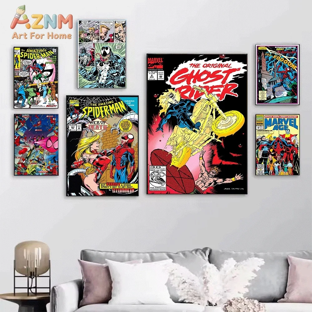 Wolverine Spider‑Man Venom Retro Comic Canvas Wall Art Vintage Superhero Print Poster, Frameless Wall Hanging Picture for Boys
