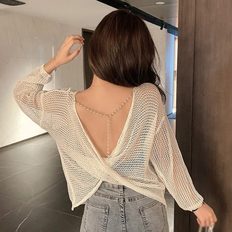 Knit Pullover Hollowed Out Sunscreen Tops Ice Silk Knitwear Sweaters Female T-shirts Mujer Clothes