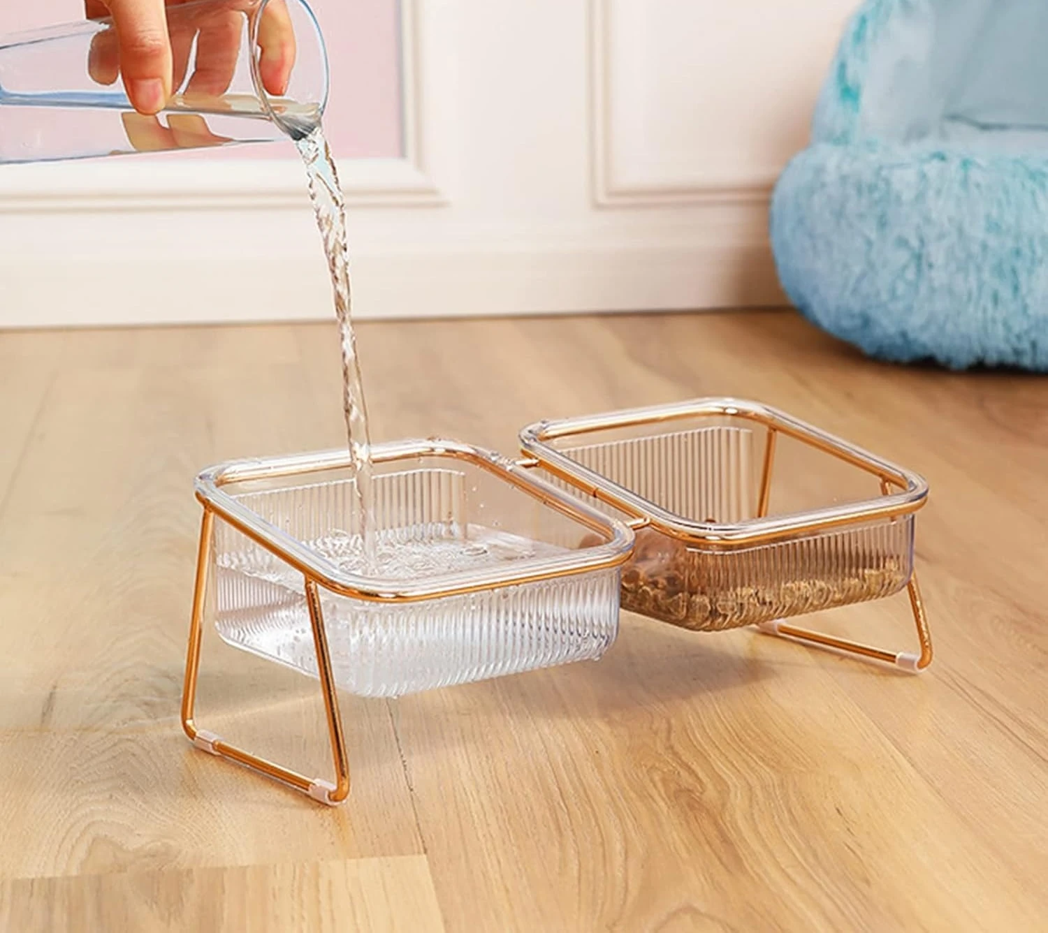 

Elevated Double Cat Bowls,5.7" Pets Water Food Bowl 15°Tilted Transparent Raised Kitten Food Feeding Dishes Iron Stand Anti Slip