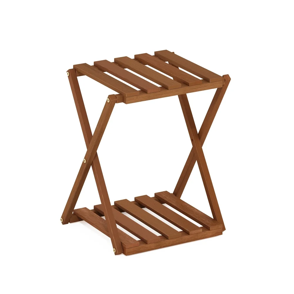 Outdoor Toolless Multipurpose Folding Display Shelf Plant Stand Side Table 2-Tier Natural Wood Water Resistant Compact Design