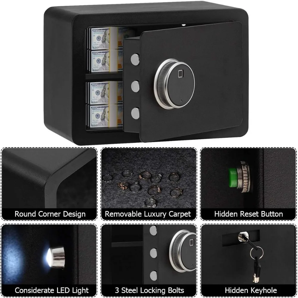 صندوق أمان للوصول إلى بصمات الأصابع مع ضوء LED - أمان المنزل والمكتب لتخزين النقود والمجوهرات والأسلحة النارية والأشياء الثمينة، بطبقتين