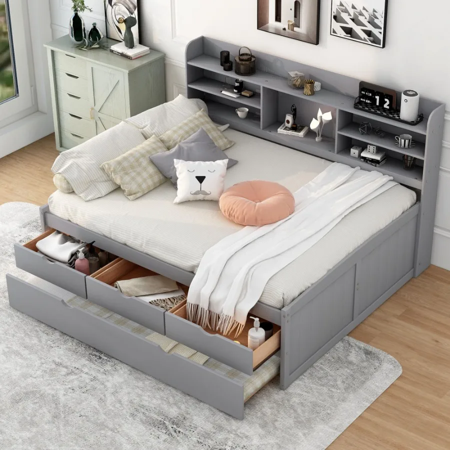 

Full Size Wooden Captain Bed with Builtin Bookshelves Three Storage Drawers and Trundle Light Grey Old SKU:GX001029AAE
