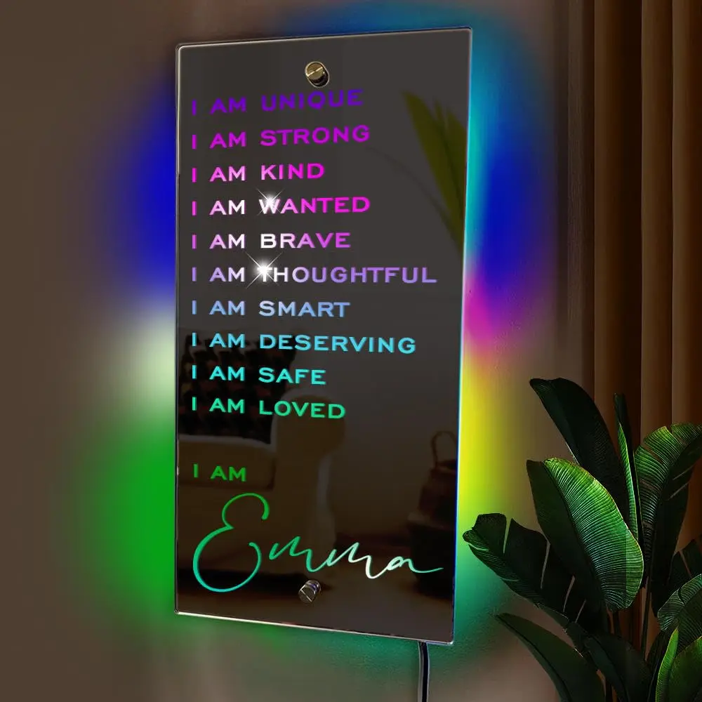 개인화 된 사용자 정의 이름 거울 발광 다이오드 조명 거울 침실 거실 벽 장식 거울 엄마 사용자 정의