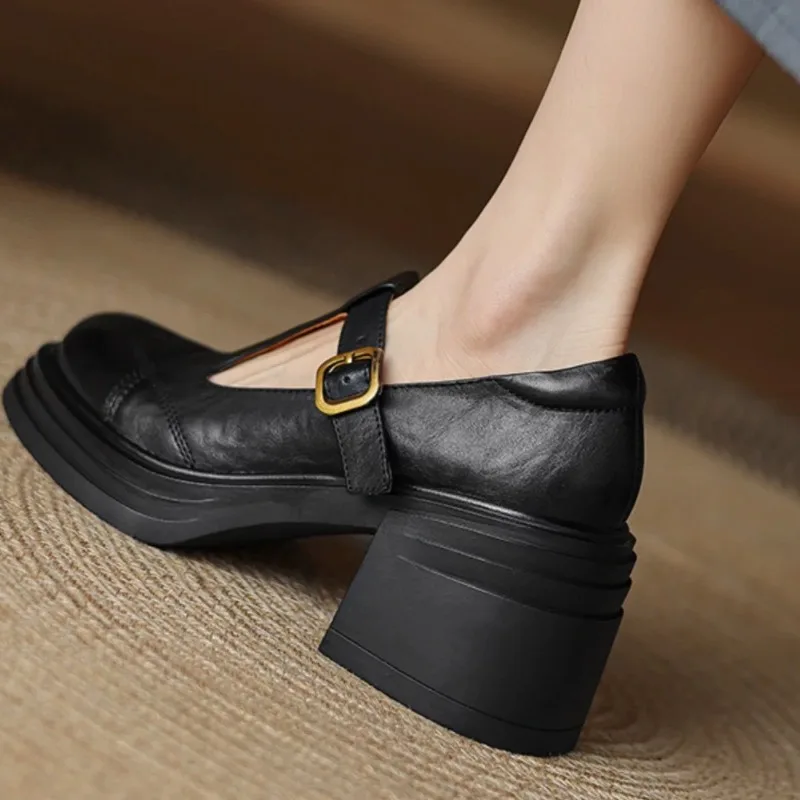 Women's Washed Leather Mary Jane Shoes T-Strap Chunky Heel 7cm Platform Soft Comfortable Daily Wear Black Brown Rubber Sole