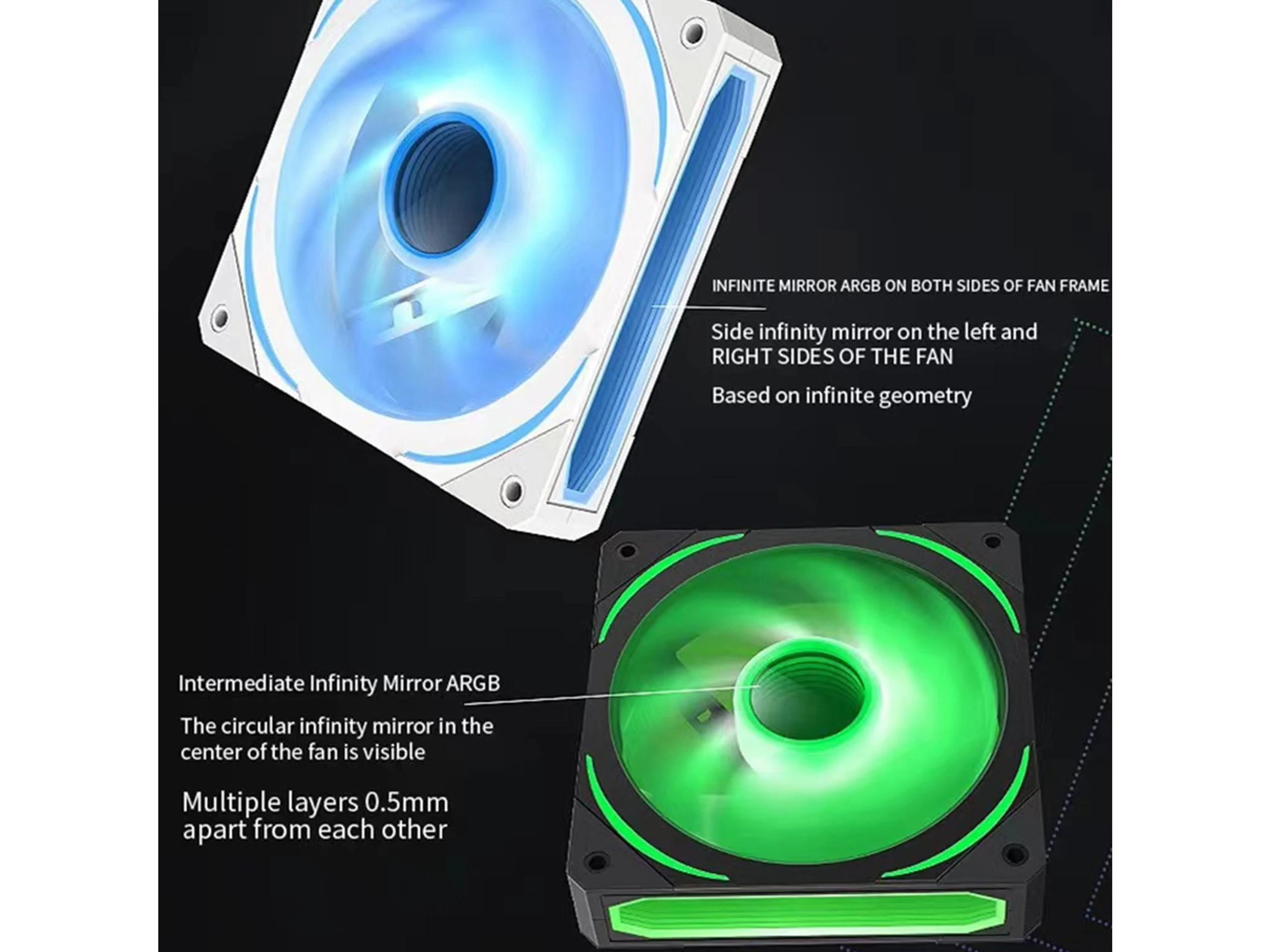 2 Pack 120mm ARGB PC Case Fan – Infinity Mirror Design, 4-Pin PWM Control, 5V 3-Pin ARGB Lighting, for Radiator or Computer