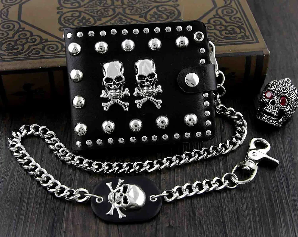 2 Skulls Mens Rivet Punk Roker Bifold Biker Leather Wallet w/ Jeans chain