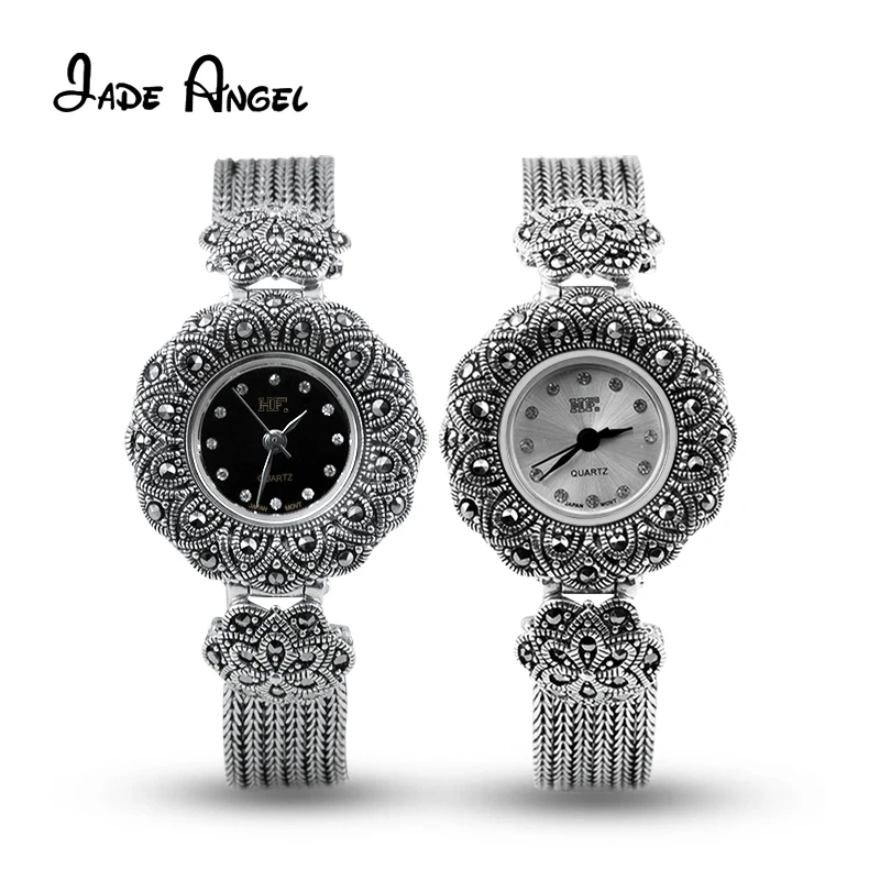 JADE ANGEL 925 Sterling Silver Sunflower Quartz Wristwatch Stylish Chic Ladies Marcasite Watch with Wheat Strand Fine Jewelry