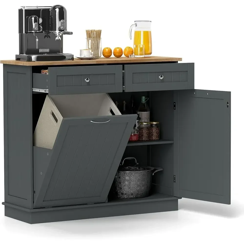 Kitchen Island Trash Cabinet with 2 Drawers, Adjustable Shelf, Rubberwood Counter, Freestanding Laundry Bin, Pet-Proof Garbage C