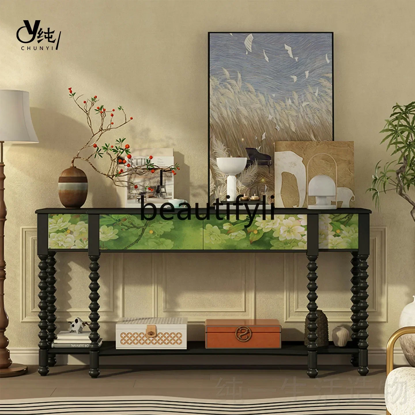 A32 Chinese Style Flower and Bird Pattern Solid Wood Flower Stand Balcony Multi-layer Storage Rack French Style Flower Cabinet