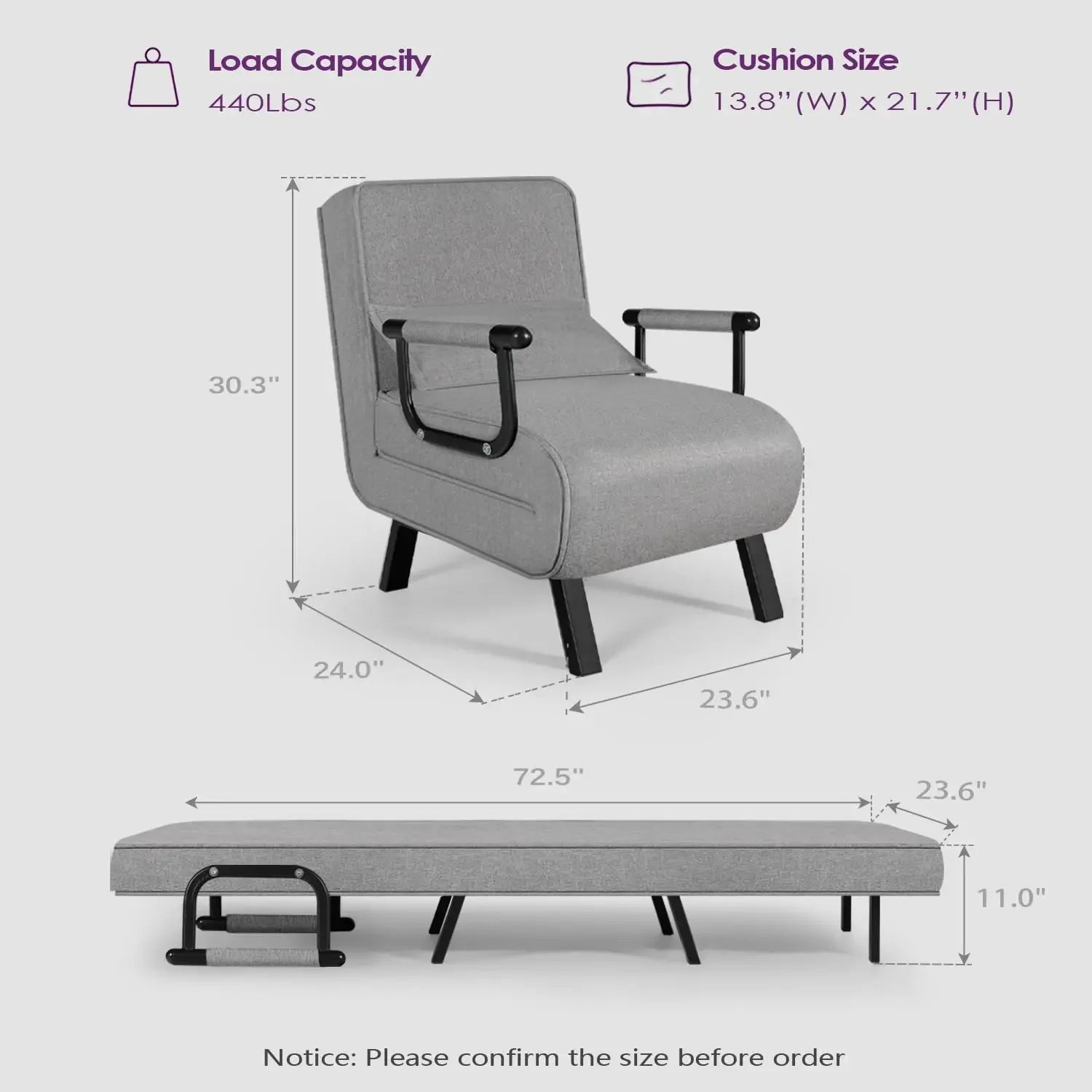 Folding Chair Bed, Comfy Convertible Sleeper Sofa, 5 in 1 Folding Bed with 5-Position Adjustable Backrest & Pillow,