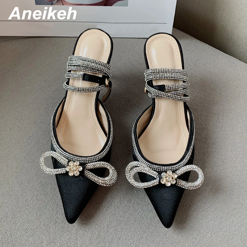 Aneikeh Sexy Pointed Toe High Heel Women Shoes Classics Bling Crystal Butterfly-Knot Decoration Buckle Strap Slingbacks Pumps