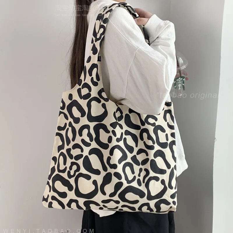 INS Korean Students Khaki Black Casual Leopard Print Shopper Bag Large Canvas Tote Carryall Wholesale Soft 2023 Fashion Trend