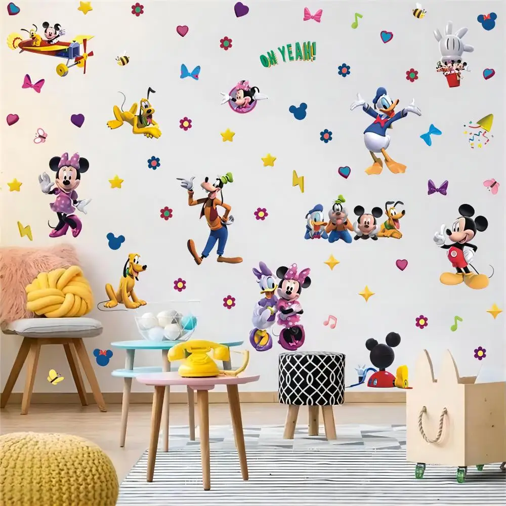 Cartoon Mickey Minnie Mouse Wall Stickers For Kids Room Baby Bedroom Princess Room Wall Art Nursery Amusement Park PVC Poste