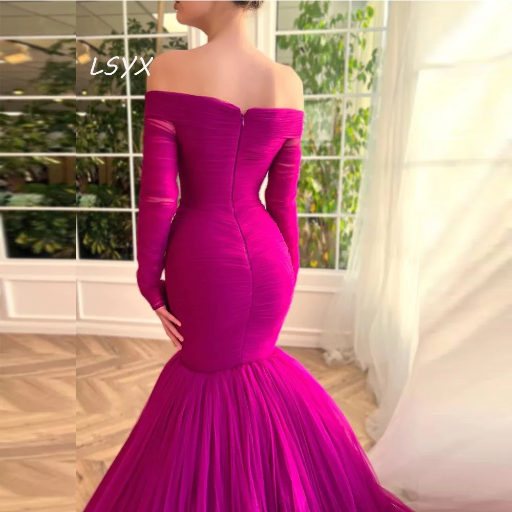 LSYX Mermaid Off the Shoulder Evening Gown 2024 Pleat Long Sleeves Backless Mono Simple Tulle Prom Dresses Robes De Soiree