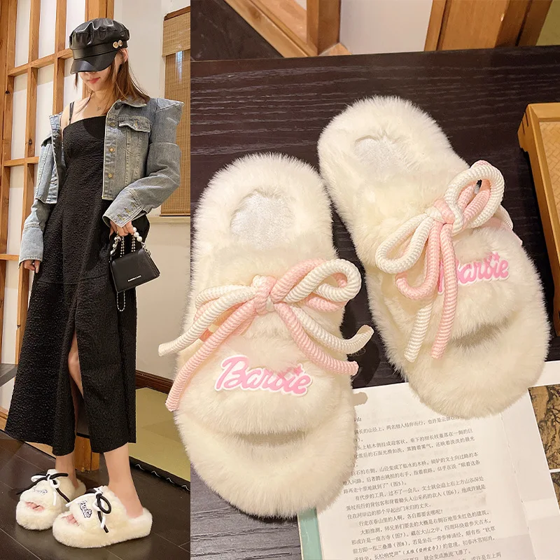 Anime Barbies Series Home Thick Sole Plush Slippers Autumn Winter Keep Warm Furry Slippers Female Wear Outside Cotton Slippers