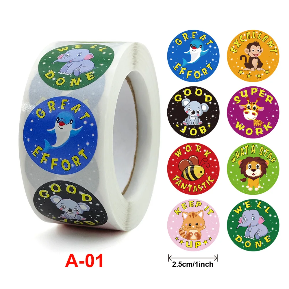 1inch 500Pcs/Roll of Reward Stickers Penguin Dinosaur Monkey Animals Motivation Sticker for Classroom Teacher Face Decoration