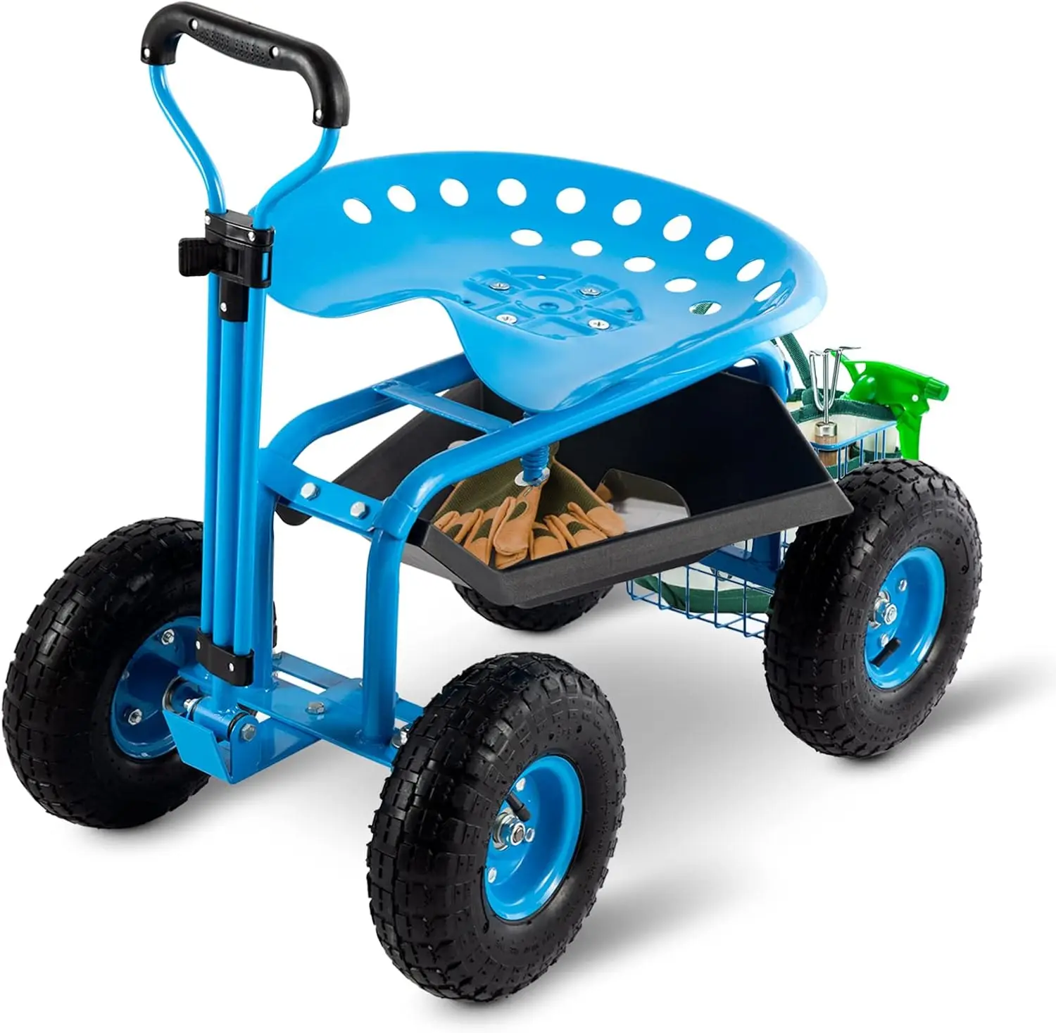 

Садовая тележка повышенной прочности с регулируемым поворотным сиденьем, отсеком для хранения и надувными колесами для удобства работы в саду